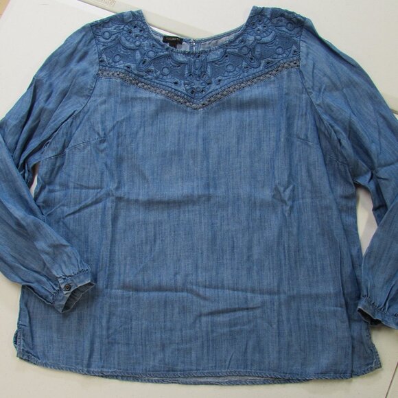 Talbots Embroidered Cut Out Chambray Blouse Tencel Denim Blue Size XL - Picture 2 of 16